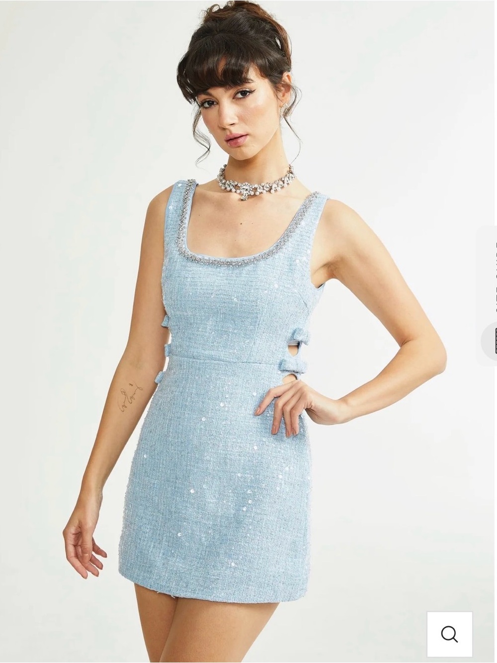 Light Blue Sequin Tweed Mini Dress with Cutout Sides